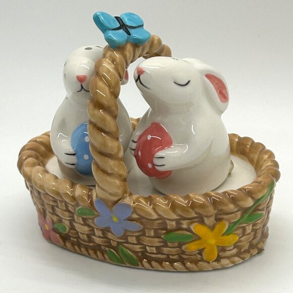 Blue Sky Bunny Salt & Pepper Shakers In Basket With Floral & Blue Butterfly - Picture 3 of 14